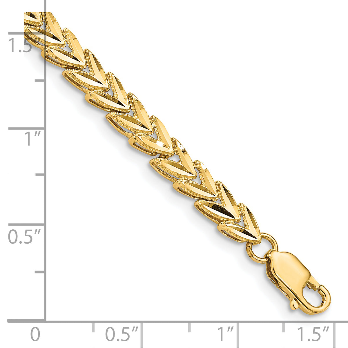 14k Yellow Gold Polished 5mm Diamond-cut 7 inch Bracelet, shown with a ruler for scale