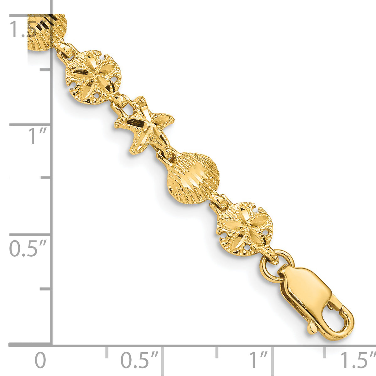 14k Yellow Gold Diamond-cut Starfish/Sand Dollar/Shell 7 inch Bracelet, shown with a ruler for scale