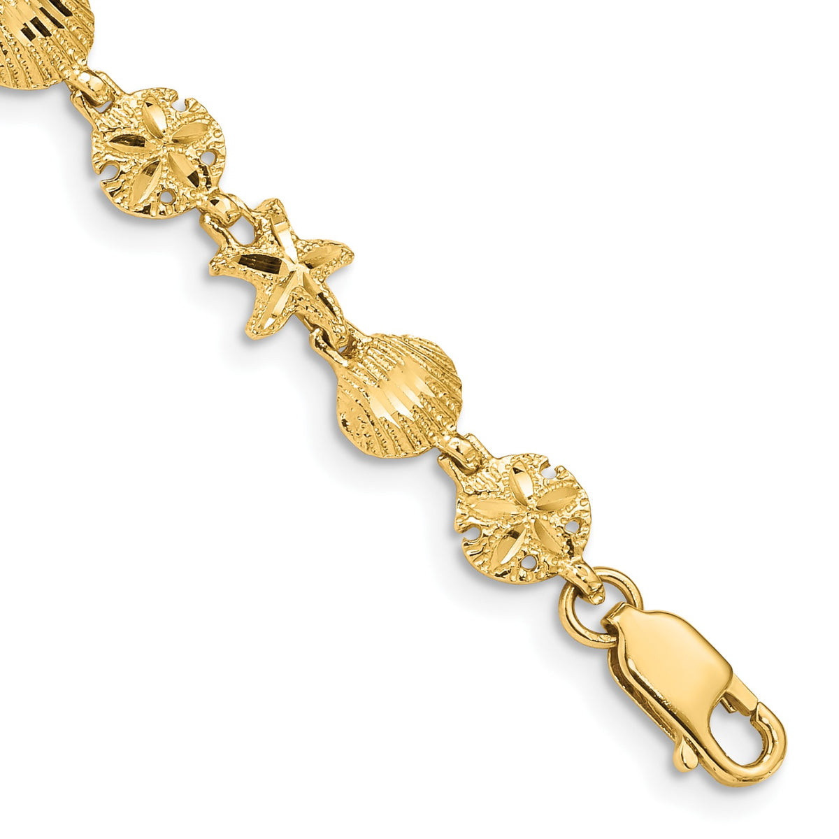 14k Yellow Gold Diamond-cut Starfish/Sand Dollar/Shell 7 inch Bracelet