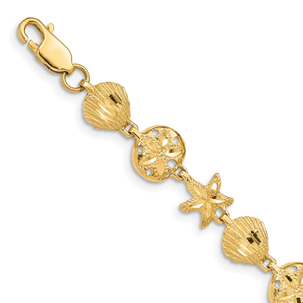 14k Yellow Gold Diamond-cut Sea Life 7 inch Bracelet