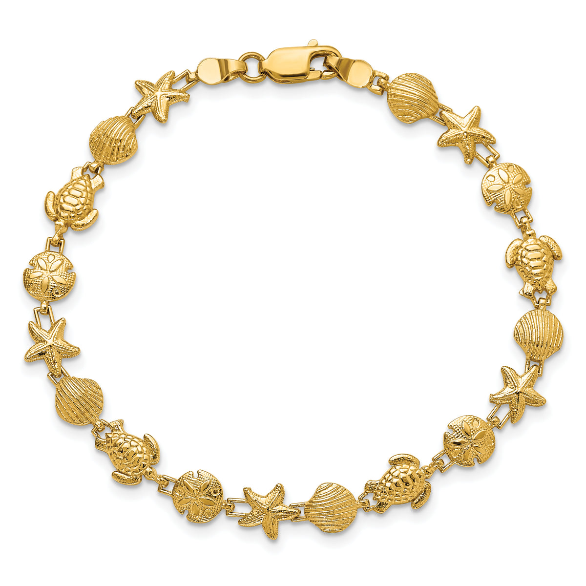 14k Yellow Gold Polished and Textured Sea Life 7 inch Bracelet, view 4