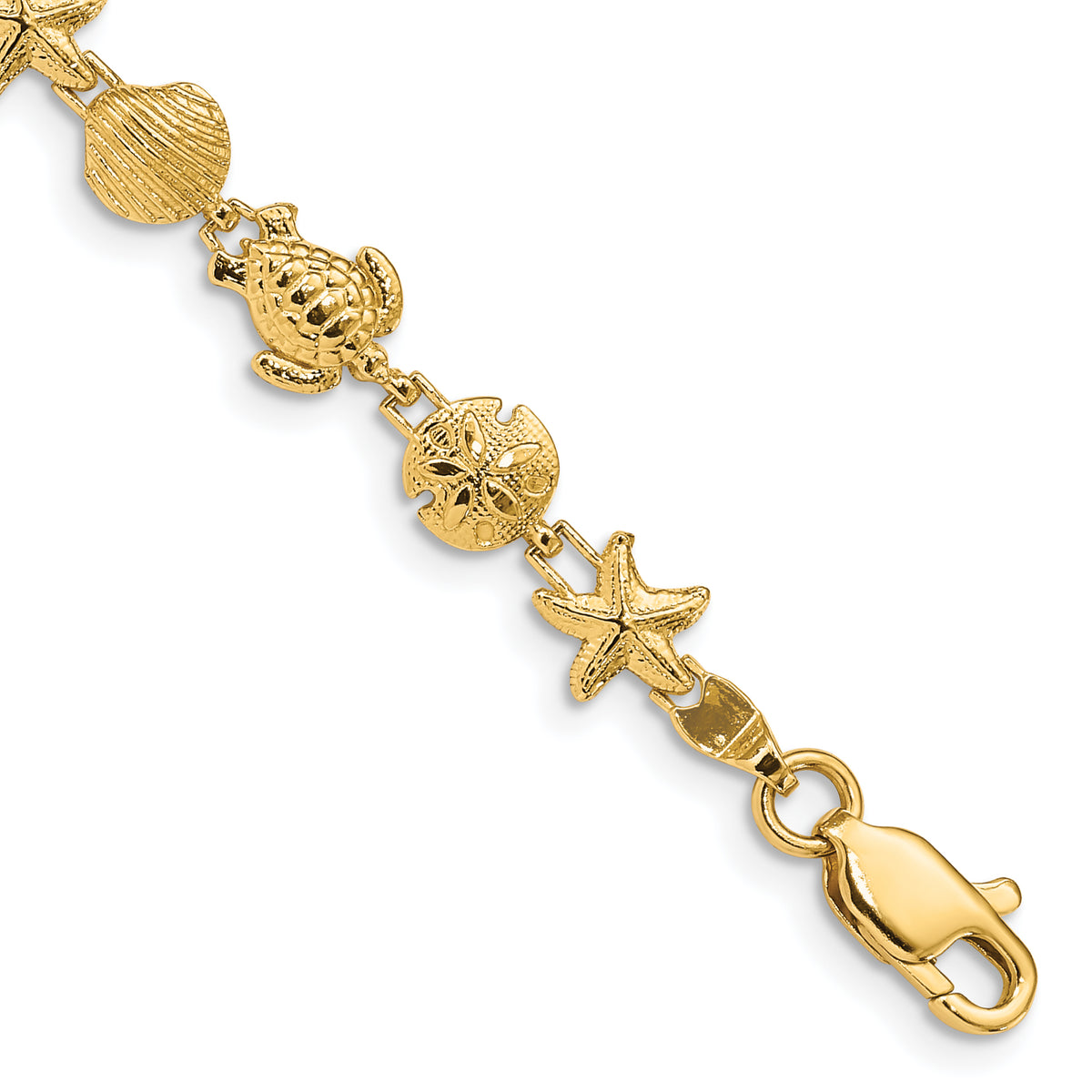 14k Yellow Gold Polished and Textured Sea Life 7 inch Bracelet