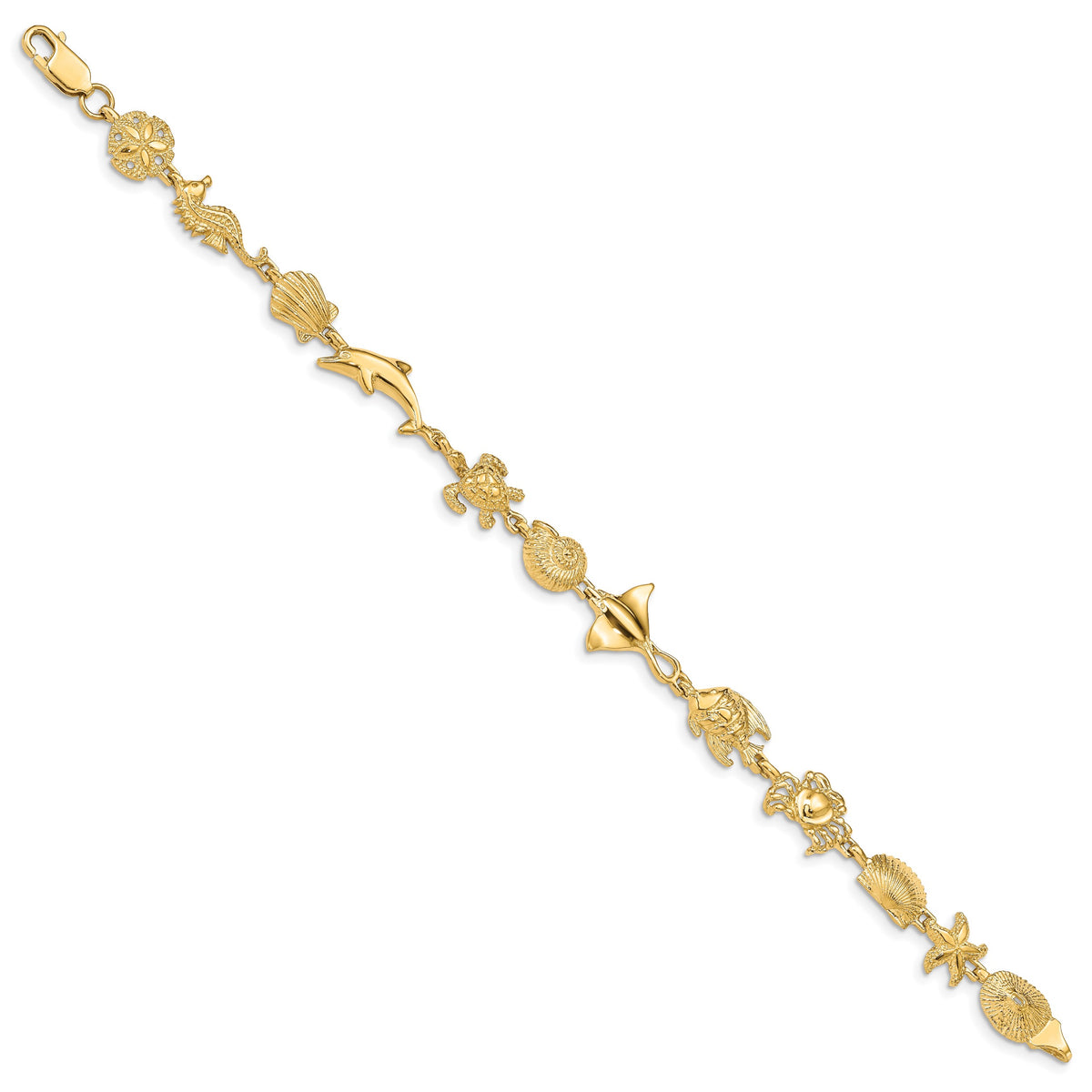 14k Yellow Gold Polished Sea Life 7 inch Bracelet, view 2