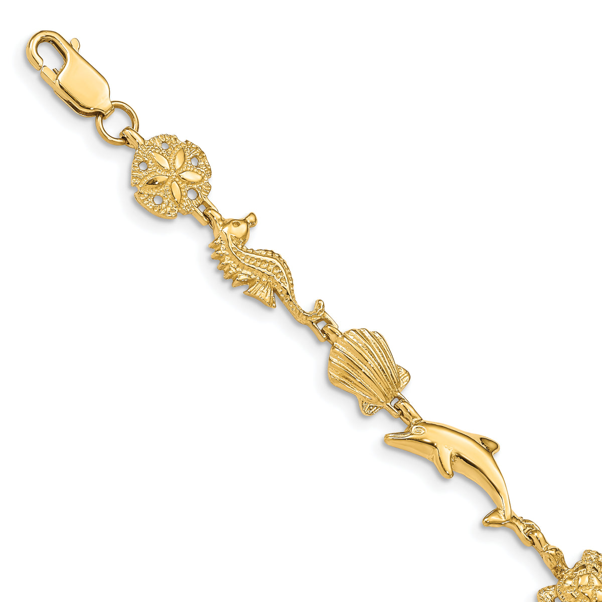 14k Yellow Gold Polished Sea Life 7 inch Bracelet