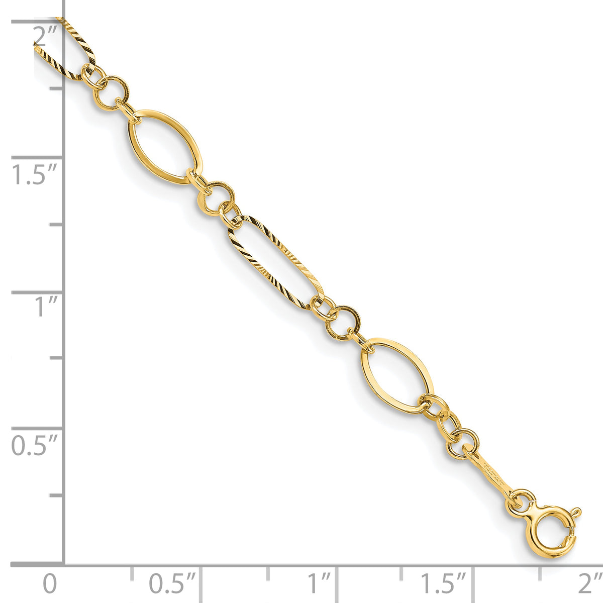 14k Yellow Gold Polished and Textured Oval Link 7.25 inch Bracelet, shown with a ruler for scale