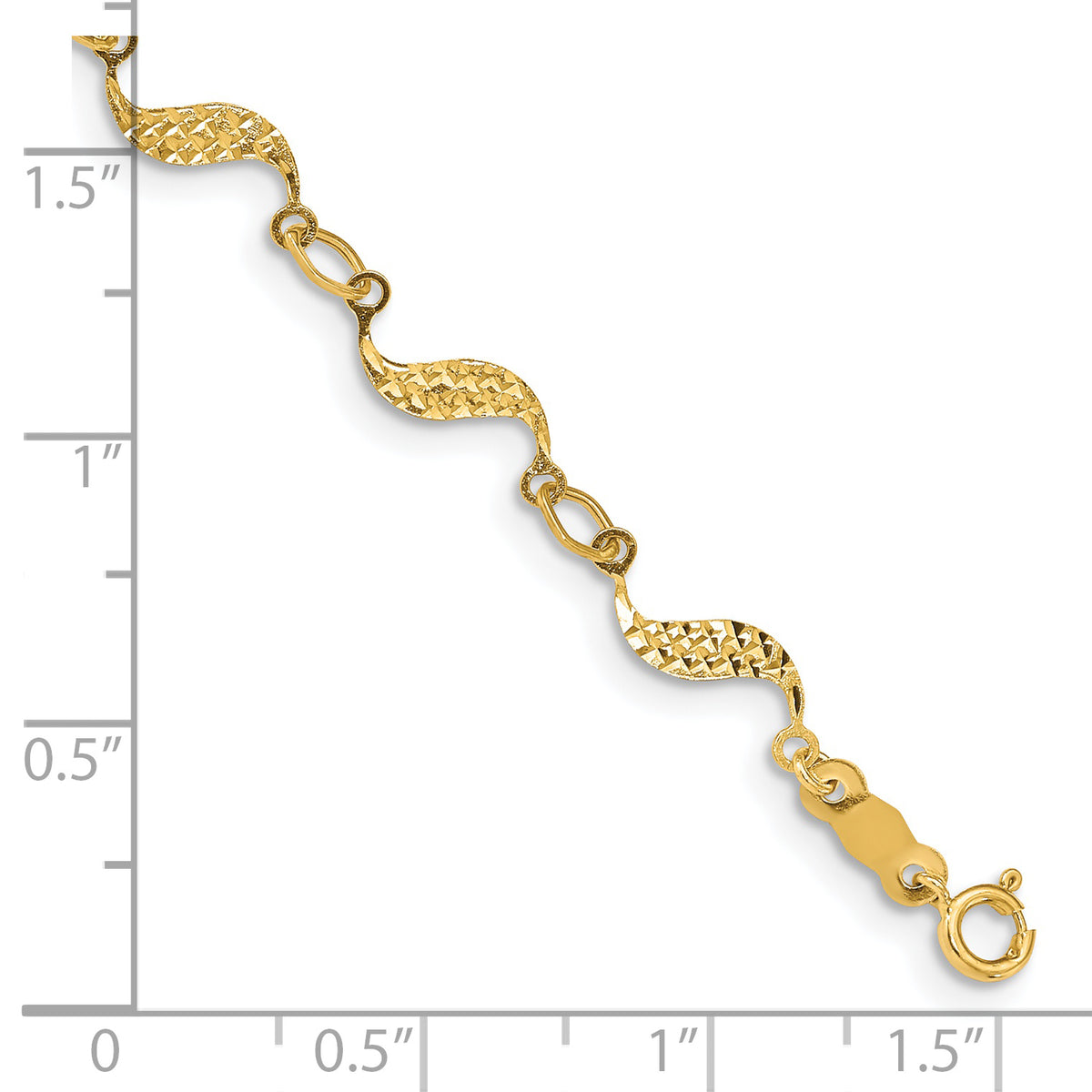 14k Yellow Gold Diamond-cut Wavy Link 7.5 inch Bracelet, shown with a ruler for scale
