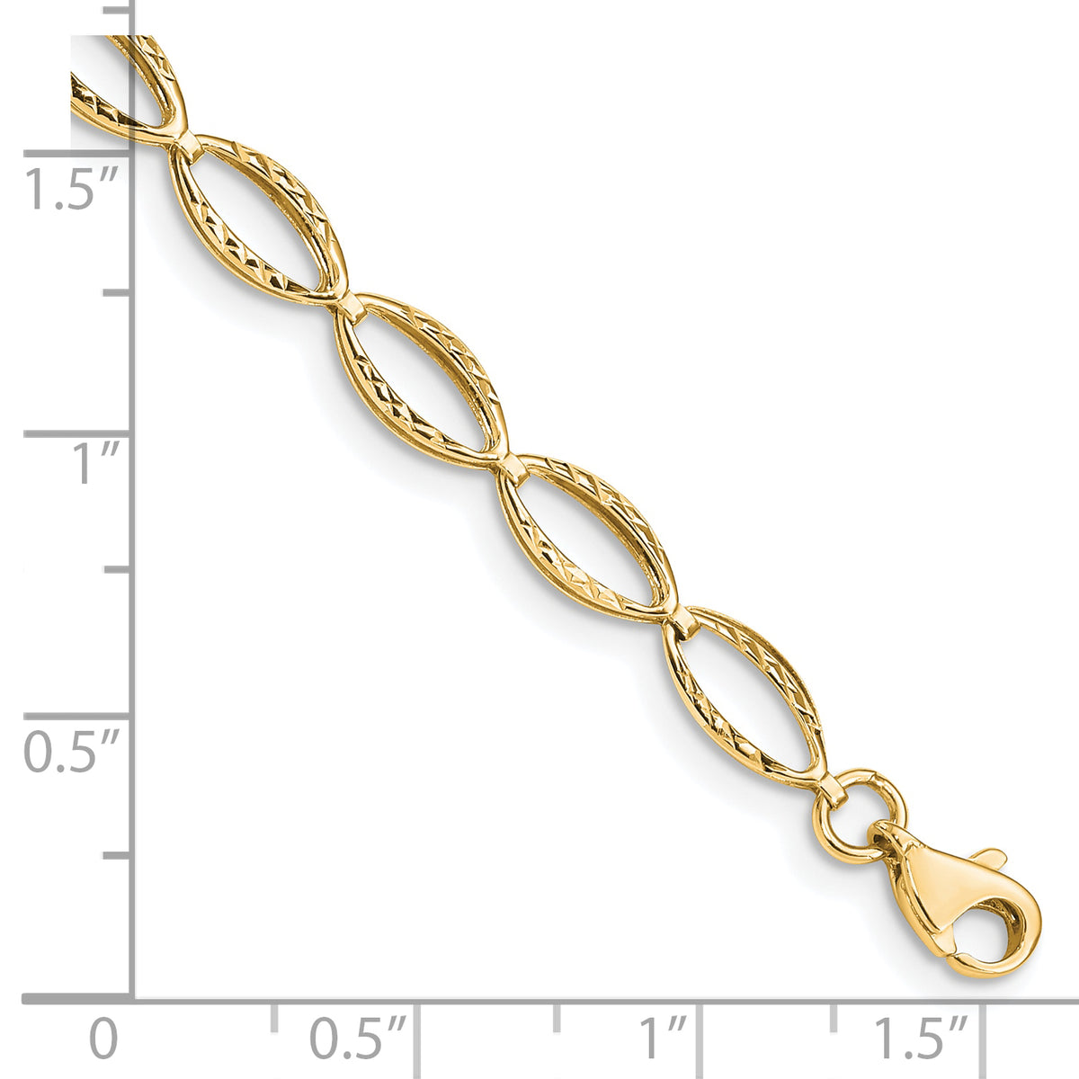 14k Yellow Gold Polished Textured Oval Link 7.25 inch Bracelet, shown with a ruler for scale