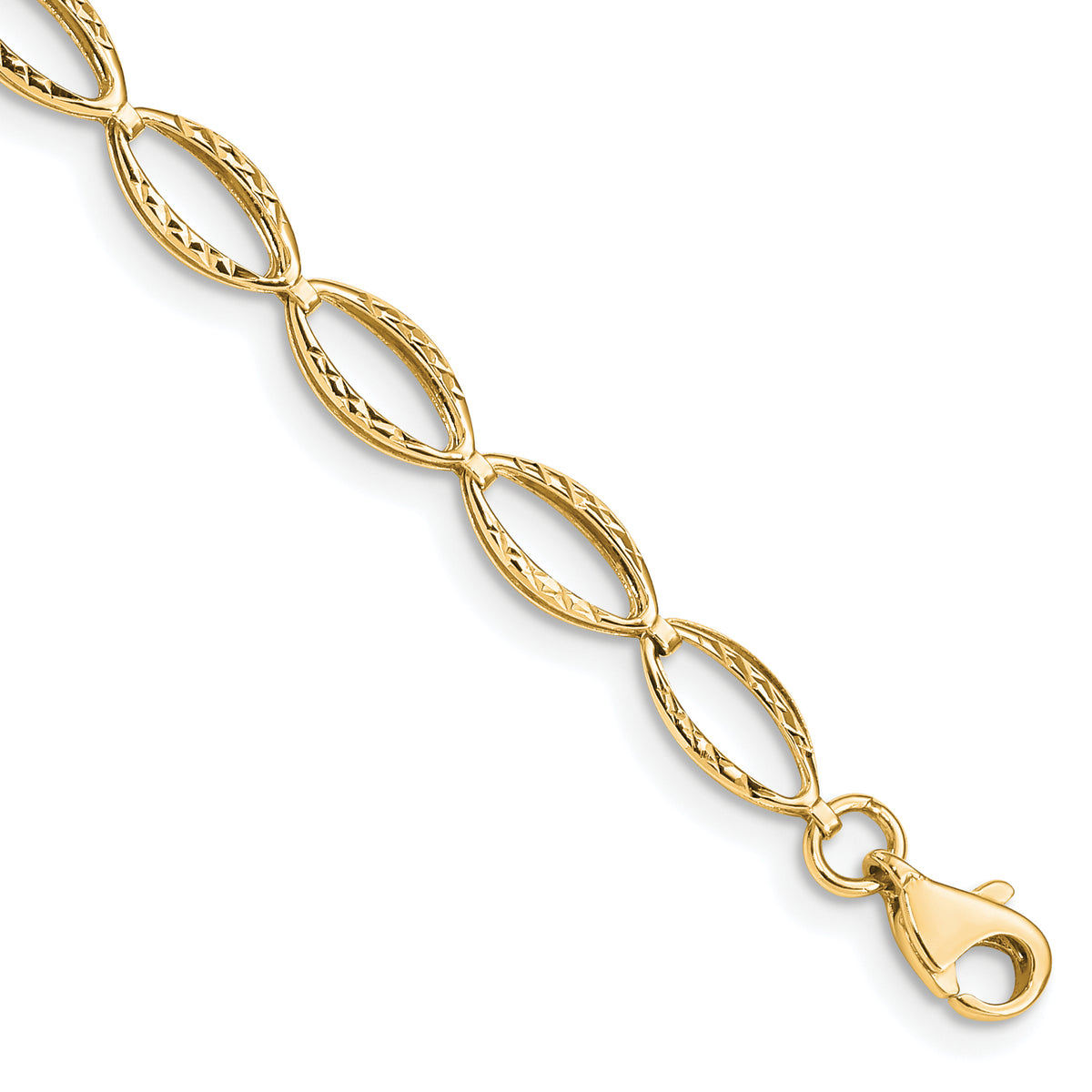 14k Yellow Gold Polished Textured Oval Link 7.25 inch Bracelet