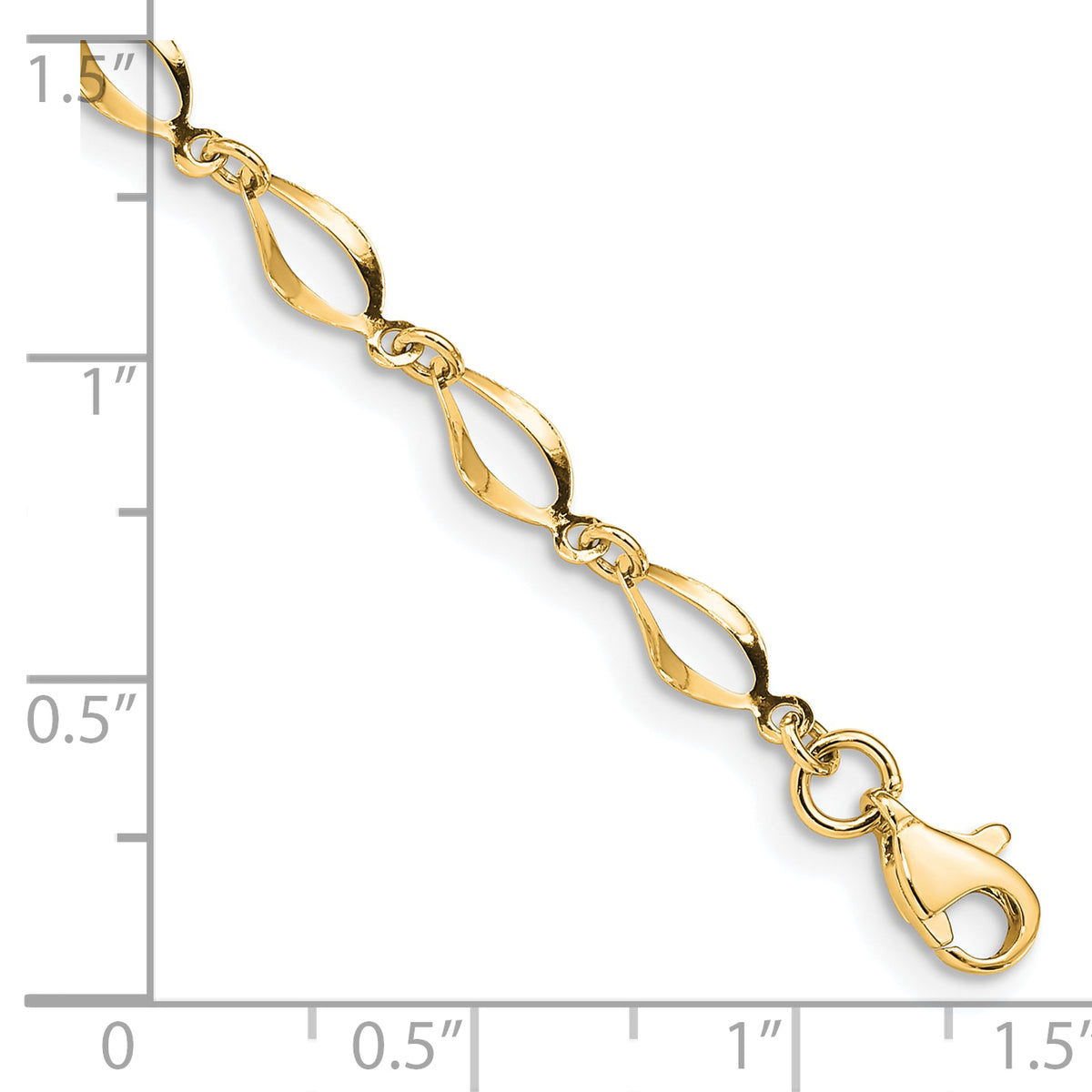 14k Yellow Gold Polished Fancy Twisted Link 7.25 inch Bracelet, shown with a ruler for scale