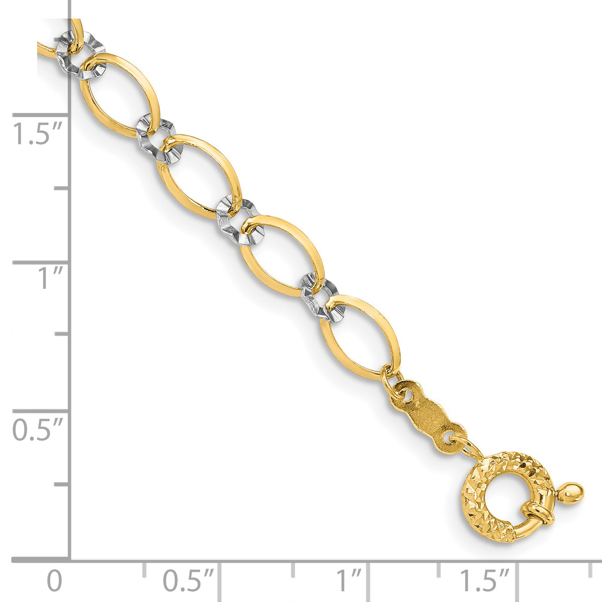 14k Two-Tone Gold Oval and Diamond-cut Circle 7.25 inch Bracelet, shown with a ruler for scale