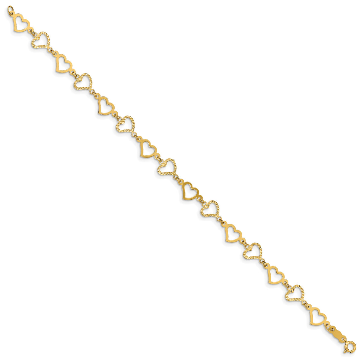 14k Yellow Gold Diamond-cut Open Hearts Bracelet, view 2 - 7.25 in