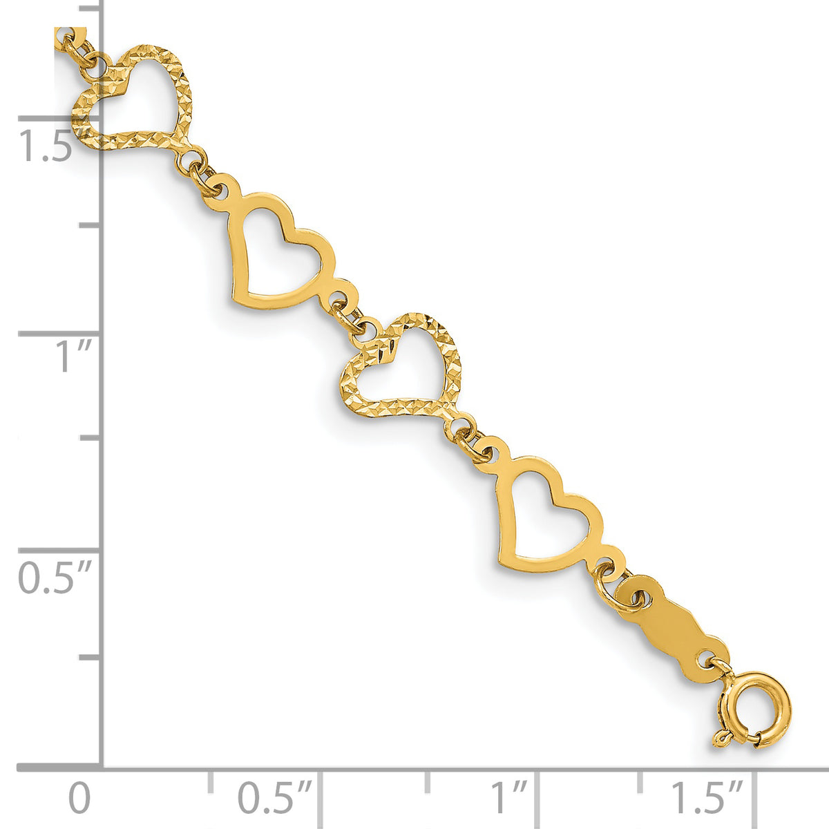 14k Yellow Gold Diamond-cut Open Hearts Bracelet, shown with a ruler for scale - 7.25 in