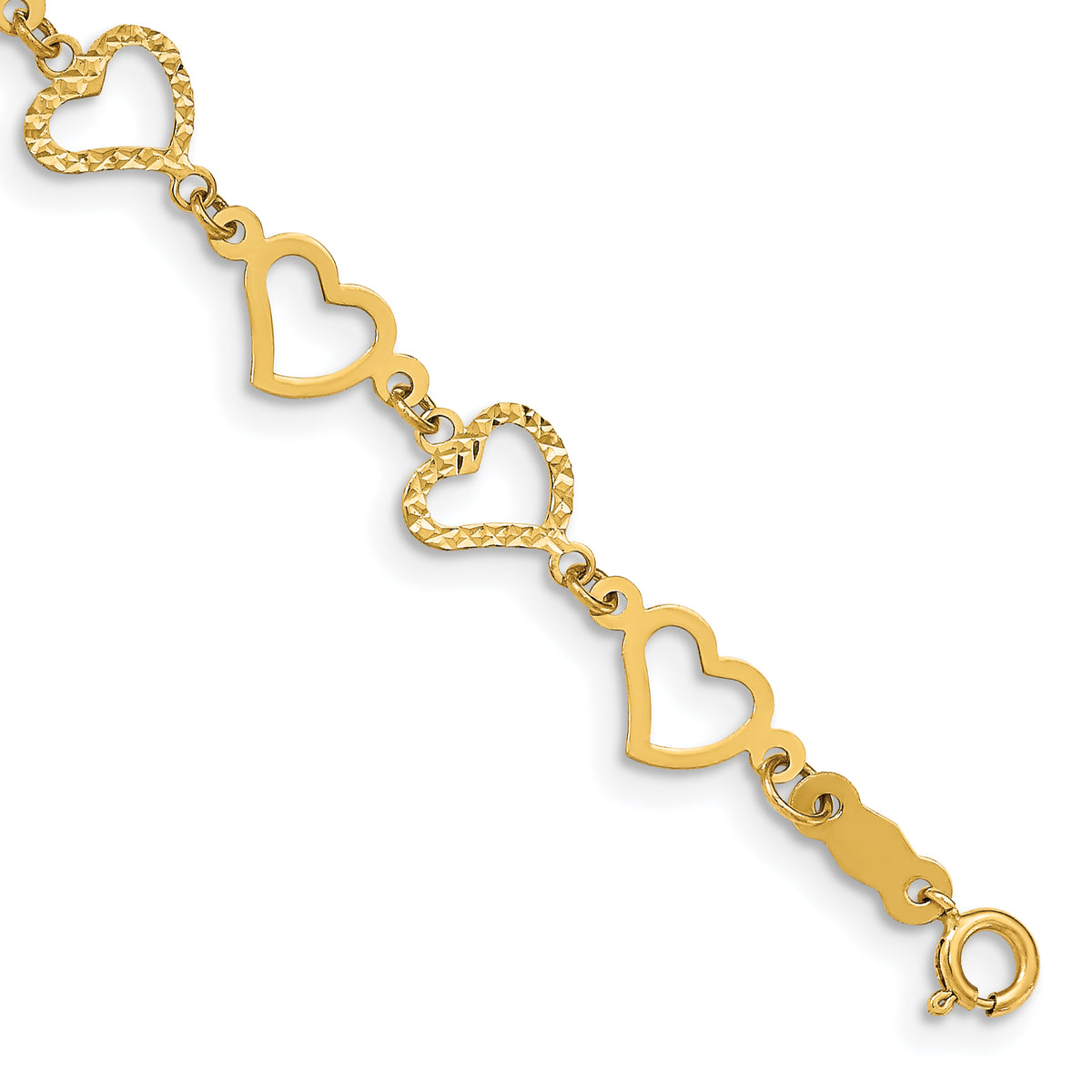 14k Yellow Gold Diamond-cut Open Hearts Bracelet - 6 in