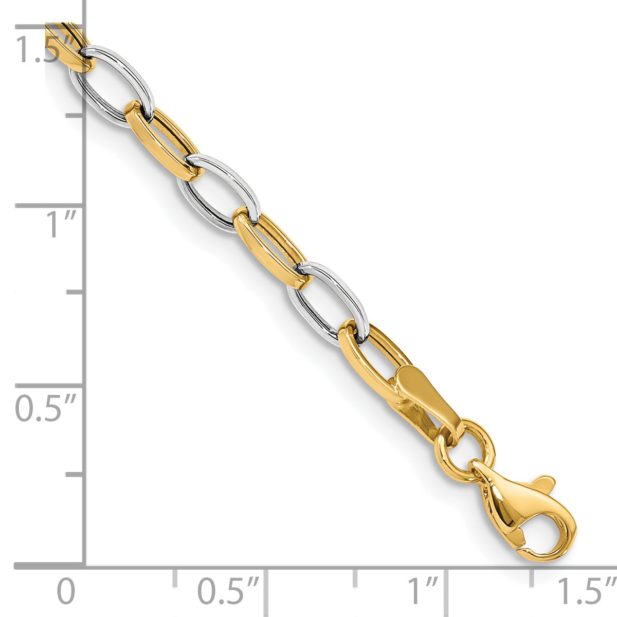 14k Two-Tone Gold Polished Oval Cable Link 7.25 inch Bracelet, shown with a ruler for scale