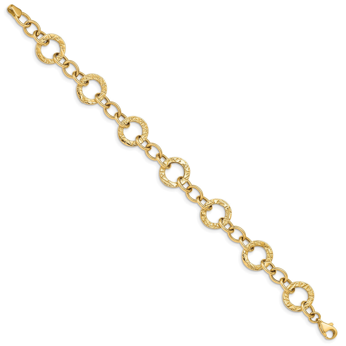 14k Yellow Gold Polished and Textured 12mm Fancy Circle Link 7.25 inch Bracelet, view 2