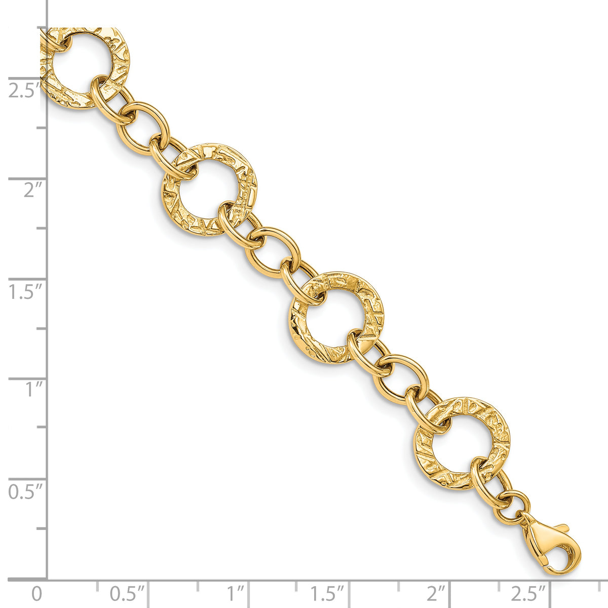 14k Yellow Gold Polished and Textured 12mm Fancy Circle Link 7.25 inch Bracelet, shown with a ruler for scale