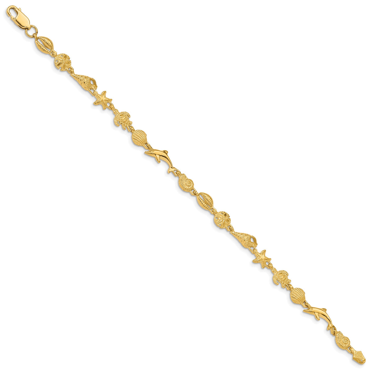 14k Yellow Gold Polished and Textured Sea Life 7.25 inch Bracelet, view 2