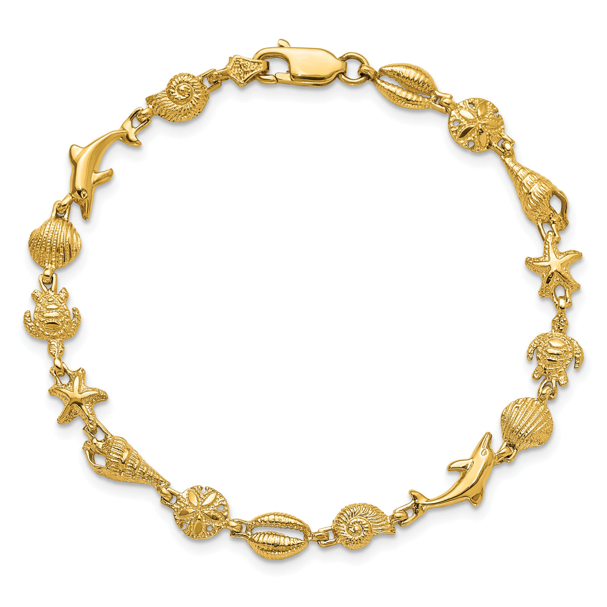 14k Yellow Gold Polished and Textured Sea Life 7.25 inch Bracelet, view 4