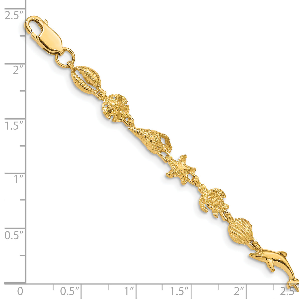 14k Yellow Gold Polished and Textured Sea Life 7.25 inch Bracelet, shown with a ruler for scale