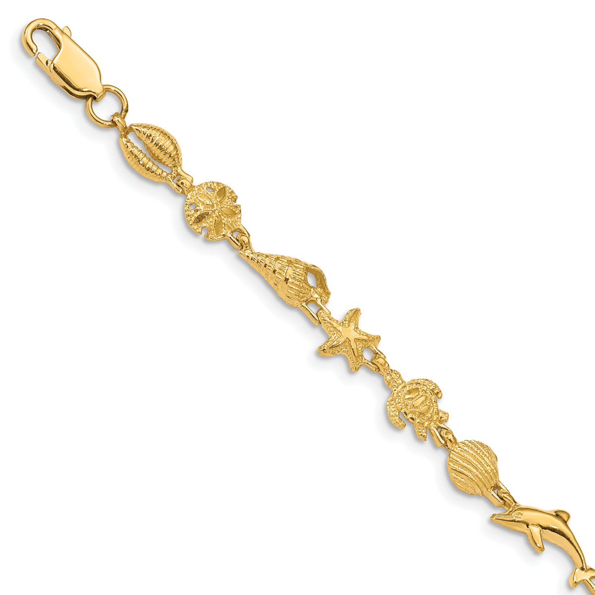 14k Yellow Gold Polished and Textured Sea Life 7.25 inch Bracelet