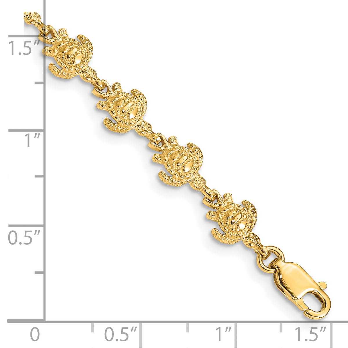 14k Yellow Gold Polished and Textured Turtle 7 inch Bracelet, shown with a ruler for scale