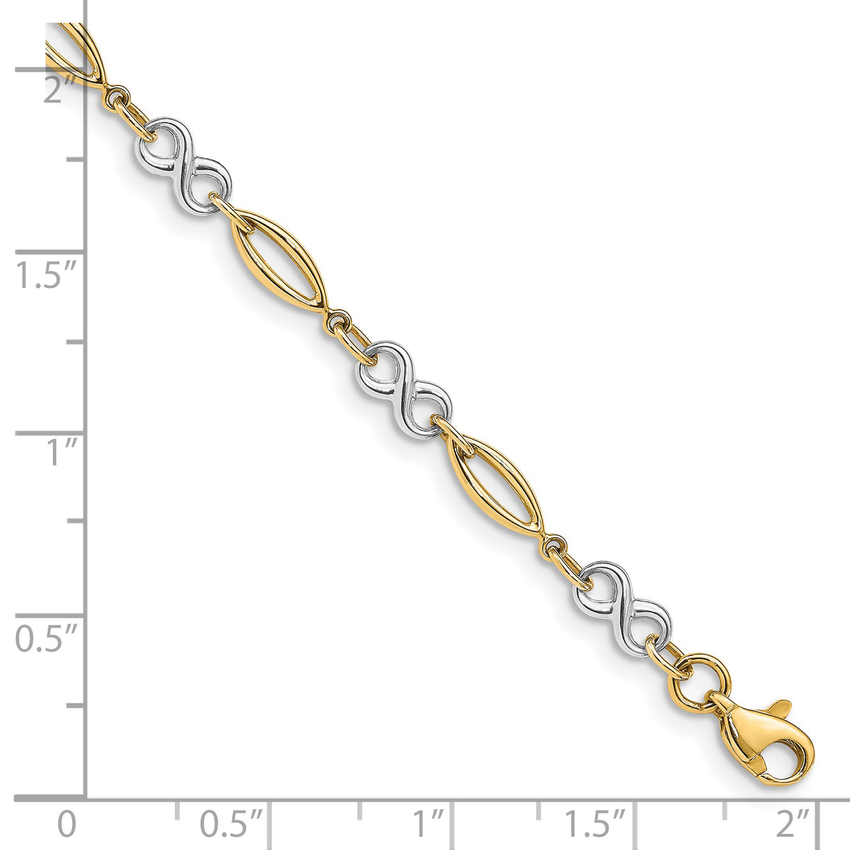14k Two-Tone Gold Polished Infinity Symbol Oval Link 7.5 inch Bracelet, shown with a ruler for scale