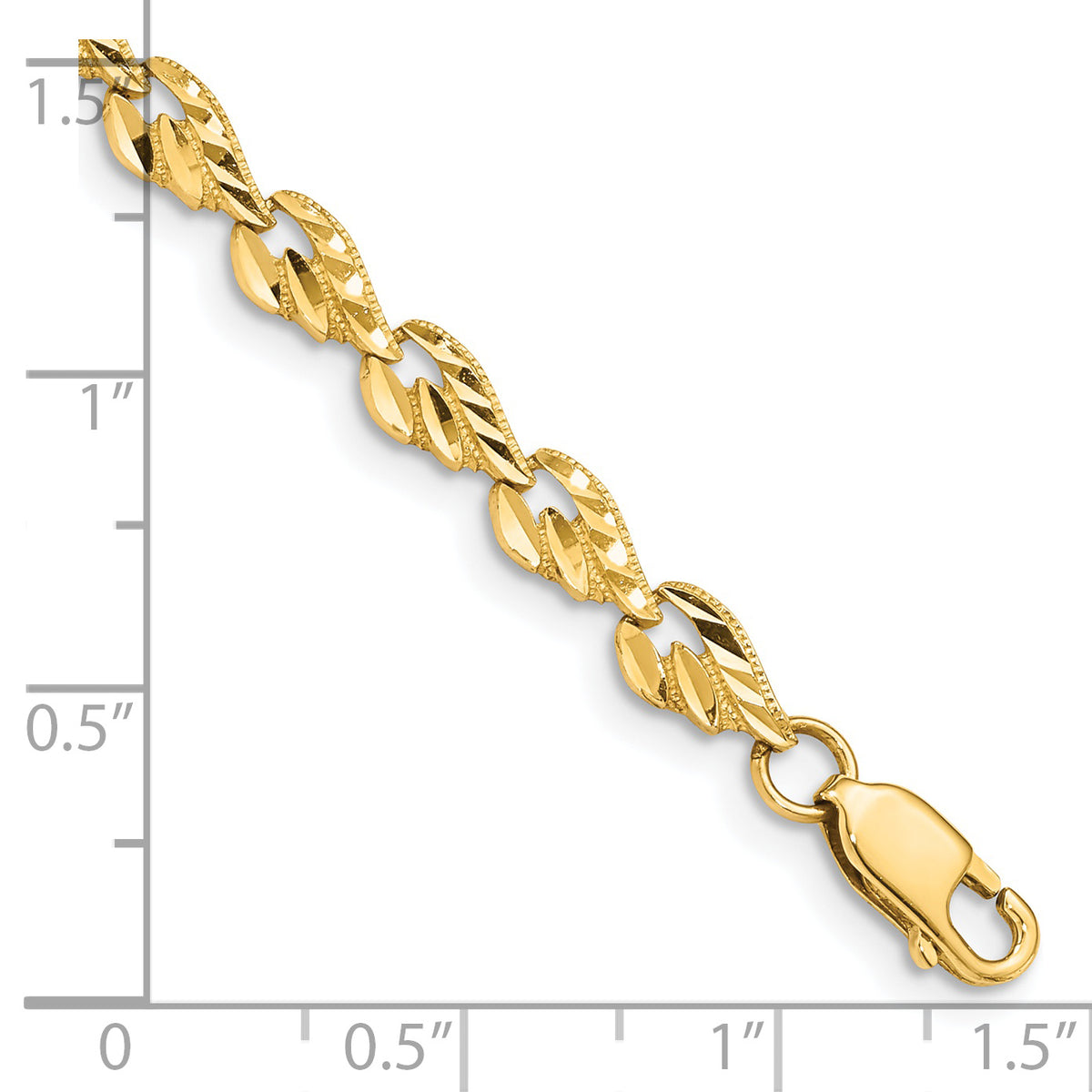 14k Yellow Gold Polished 4.75mm Diamond-cut Leaf 7 inch Bracelet, shown with a ruler for scale
