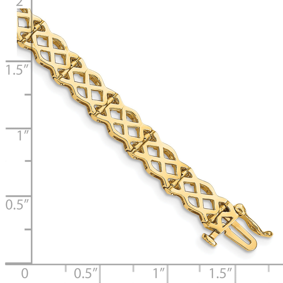 14k Yellow Gold Polished Criss Cross Link 7.5 inch Bracelet, shown with a ruler for scale