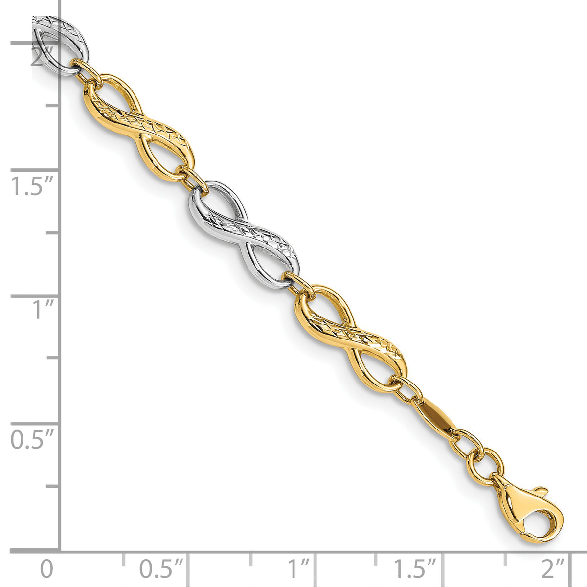 14k Two-Tone Gold Infinity Symbol Link 7.5 inch Bracelet, shown with a ruler for scale