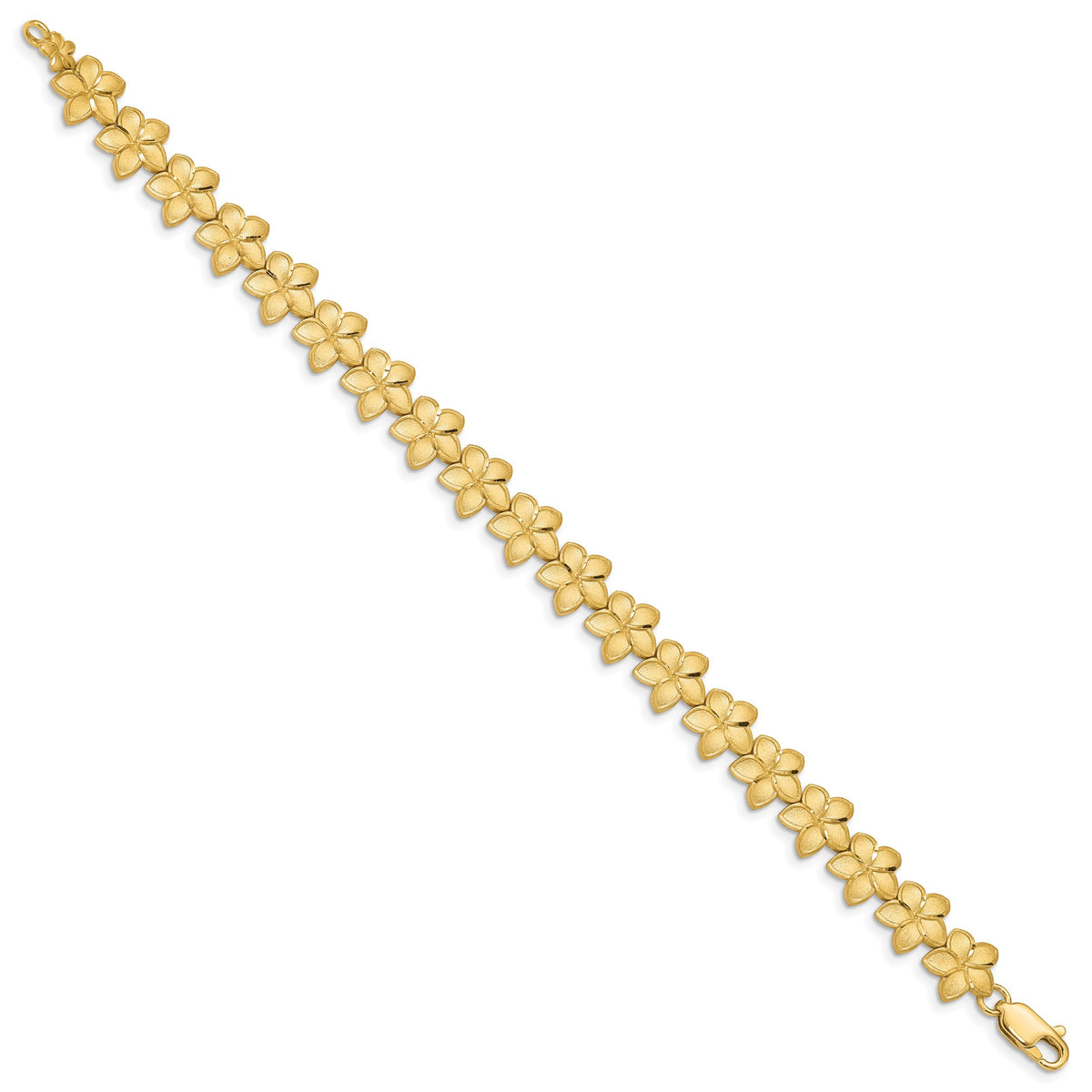 14k Yellow Gold Brushed and Diamond-cut Plumeria Floral 7.25 inch Bracelet, view 2