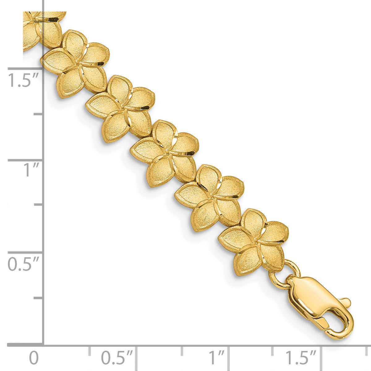 14k Yellow Gold Brushed and Diamond-cut Plumeria Floral 7.25 inch Bracelet, shown with a ruler for scale
