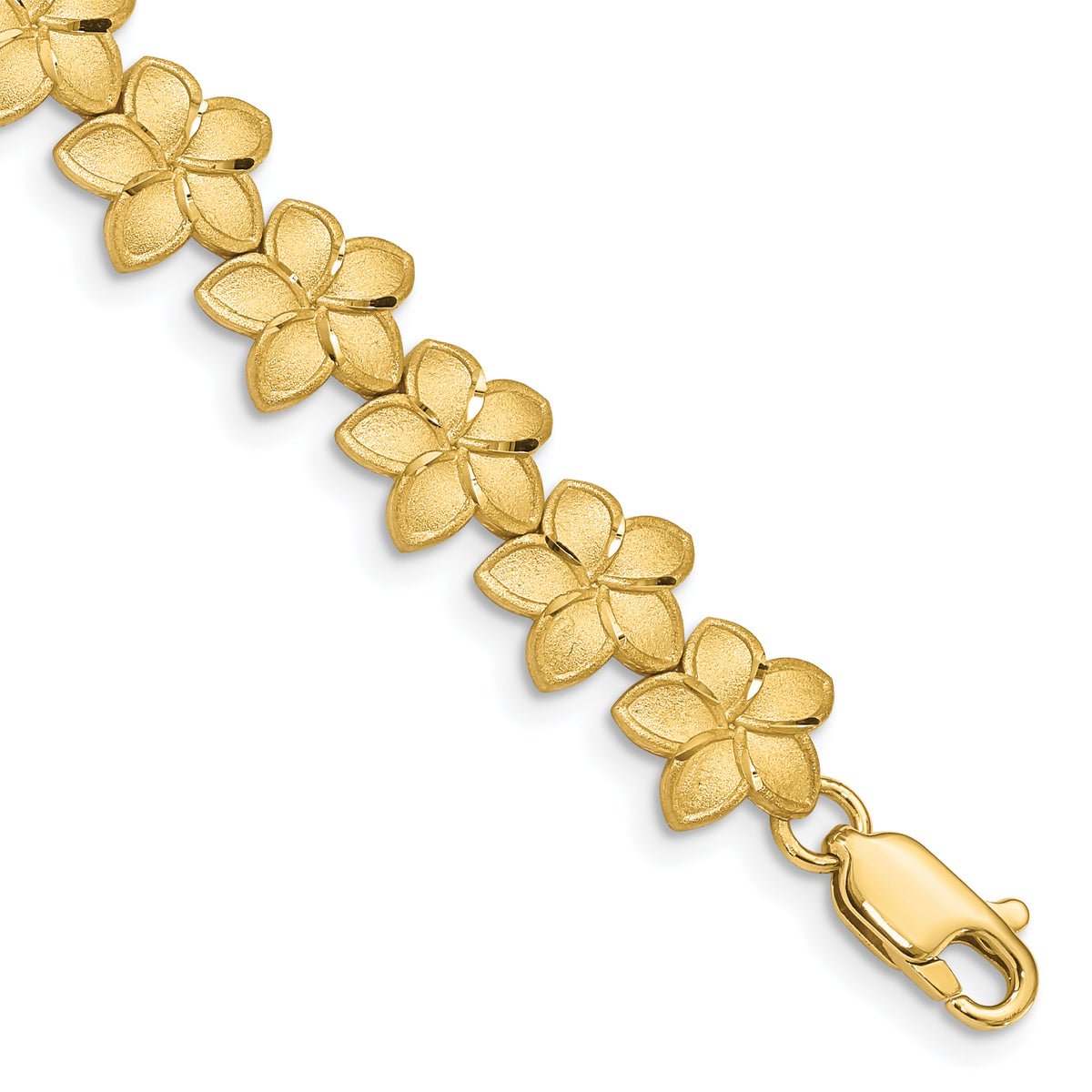 14k Yellow Gold Brushed and Diamond-cut Plumeria Floral 7.25 inch Bracelet