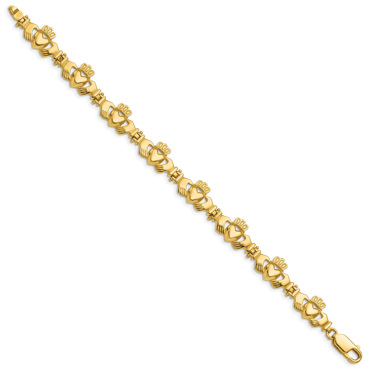 14k Yellow Gold Polished Claddagh Link 7 inch Bracelet, view 2