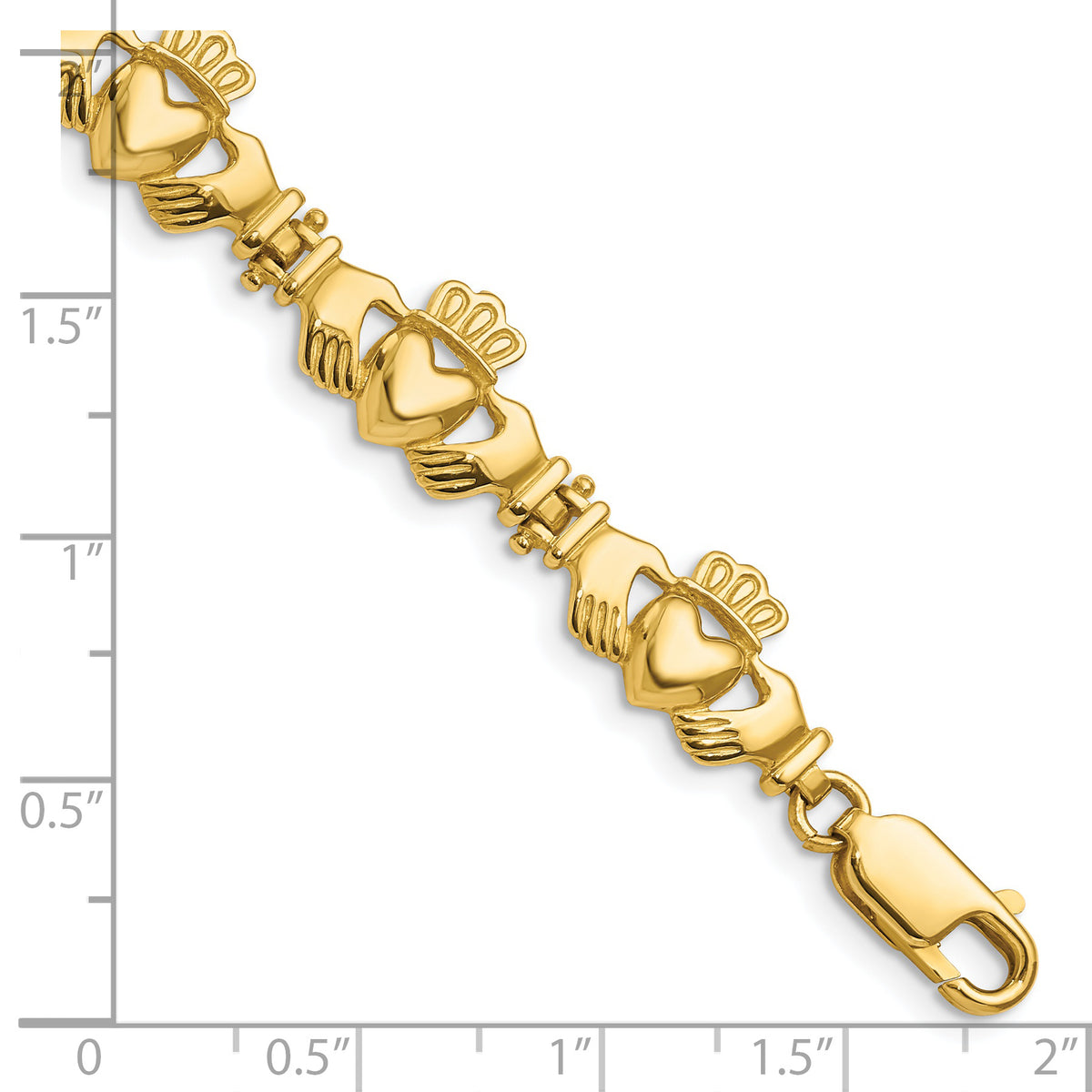 14k Yellow Gold Polished Claddagh Link 7 inch Bracelet, shown with a ruler for scale