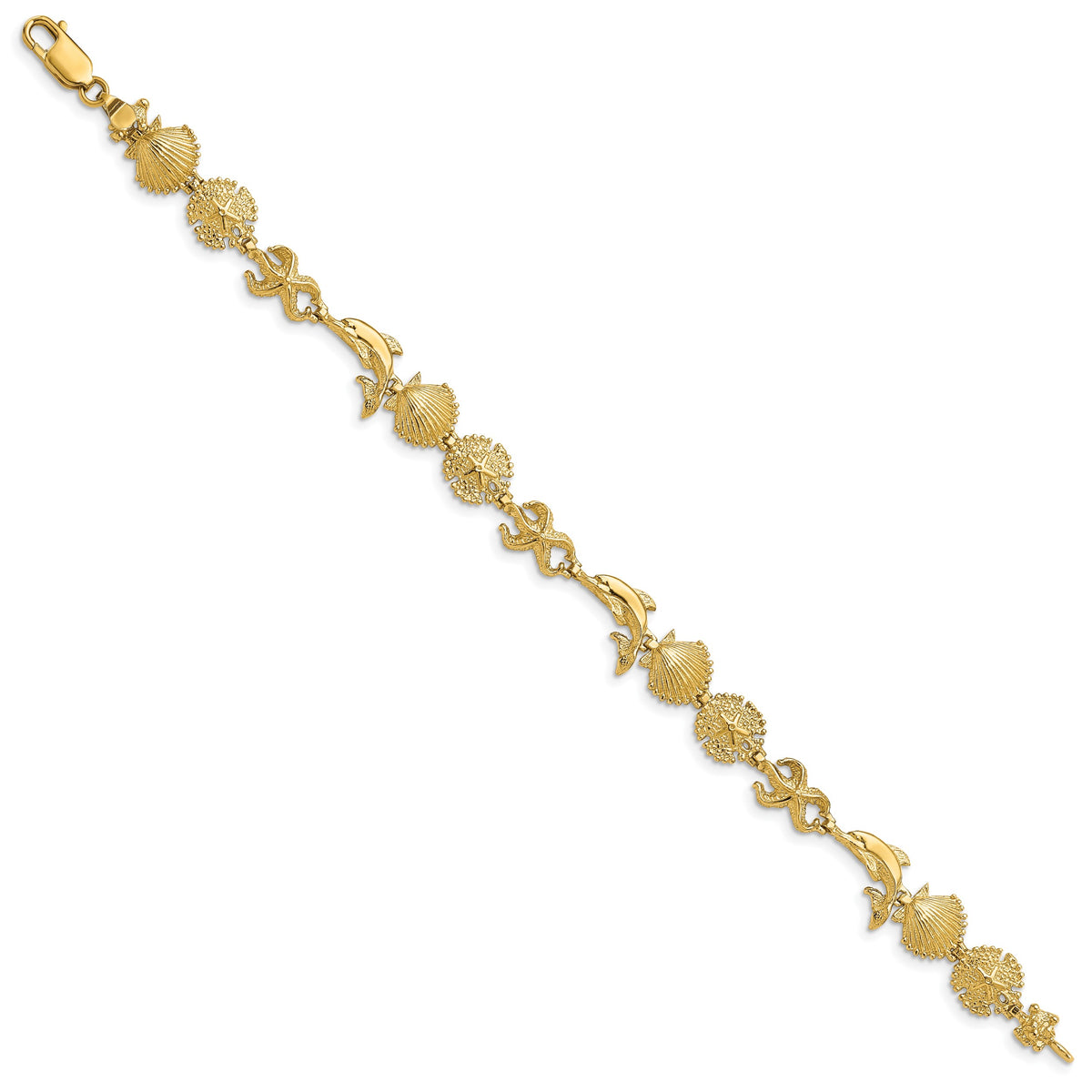 14k Yellow Gold Polished Dolphin and Sea Shells 7 inch Bracelet, view 2