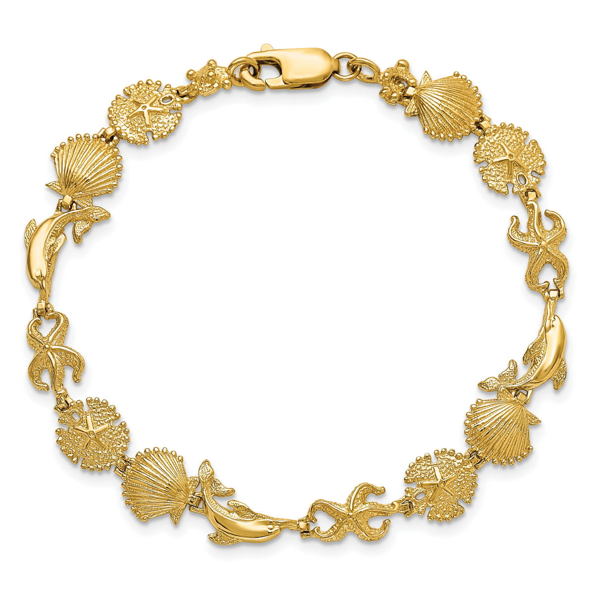 14k Yellow Gold Polished Dolphin and Sea Shells 7 inch Bracelet, view 4