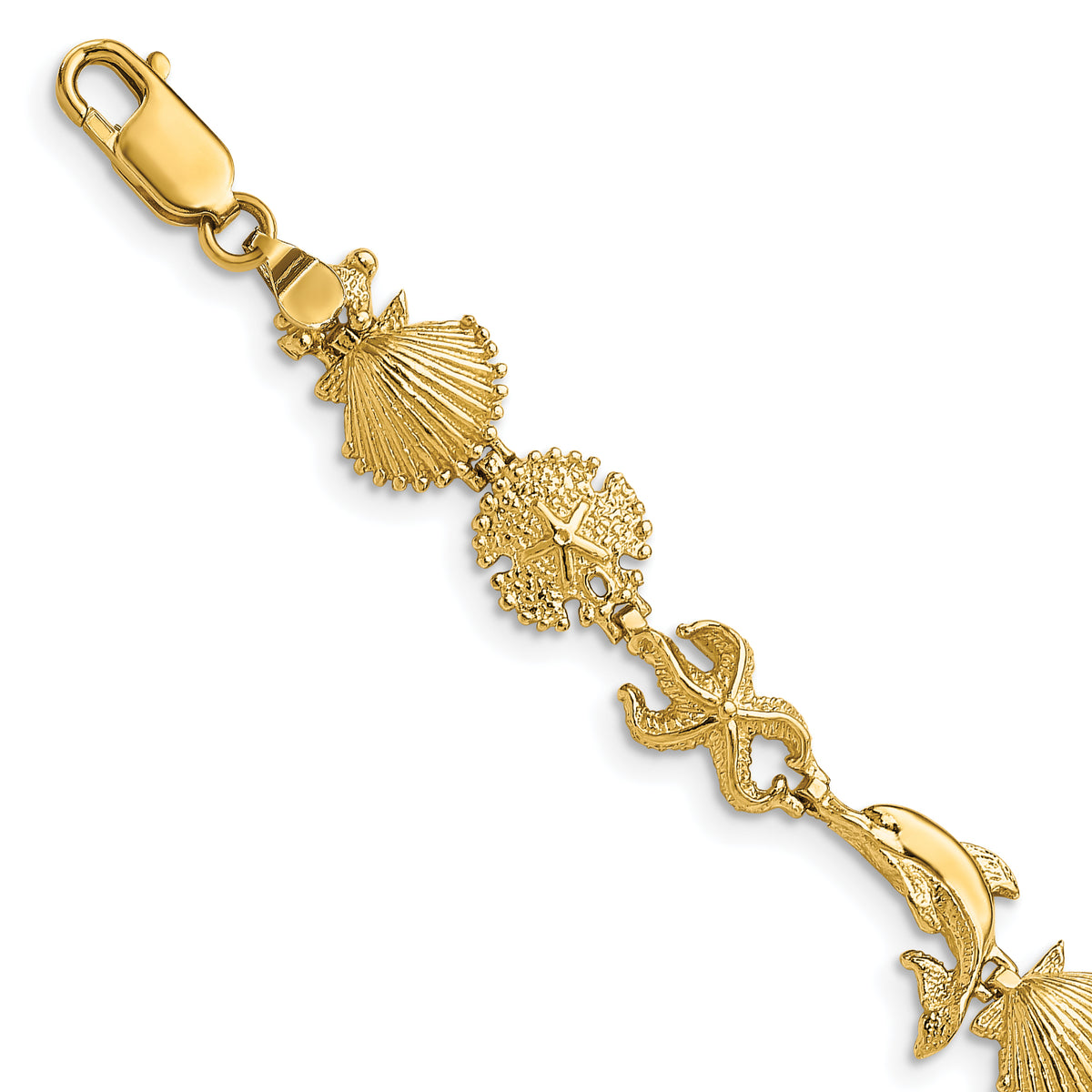 14k Yellow Gold Polished Dolphin and Sea Shells 7 inch Bracelet