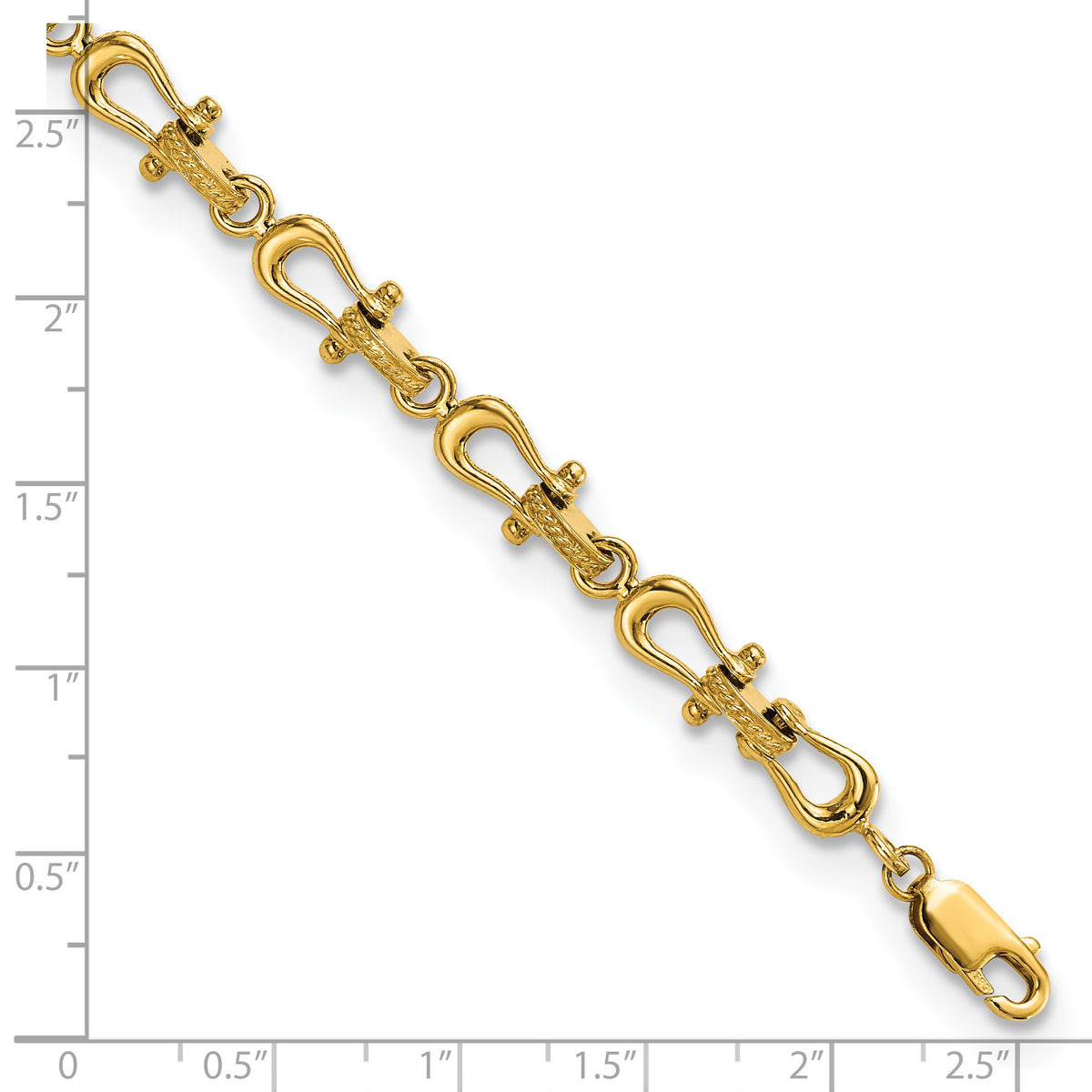 14k Yellow Gold Polished Anchor Shackle Bracelet, shown with a ruler for scale - 7.5 in