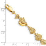 14k Yellow Gold Polished Sea Shells Bracelet, shown with a ruler for scale - 7.25 in
