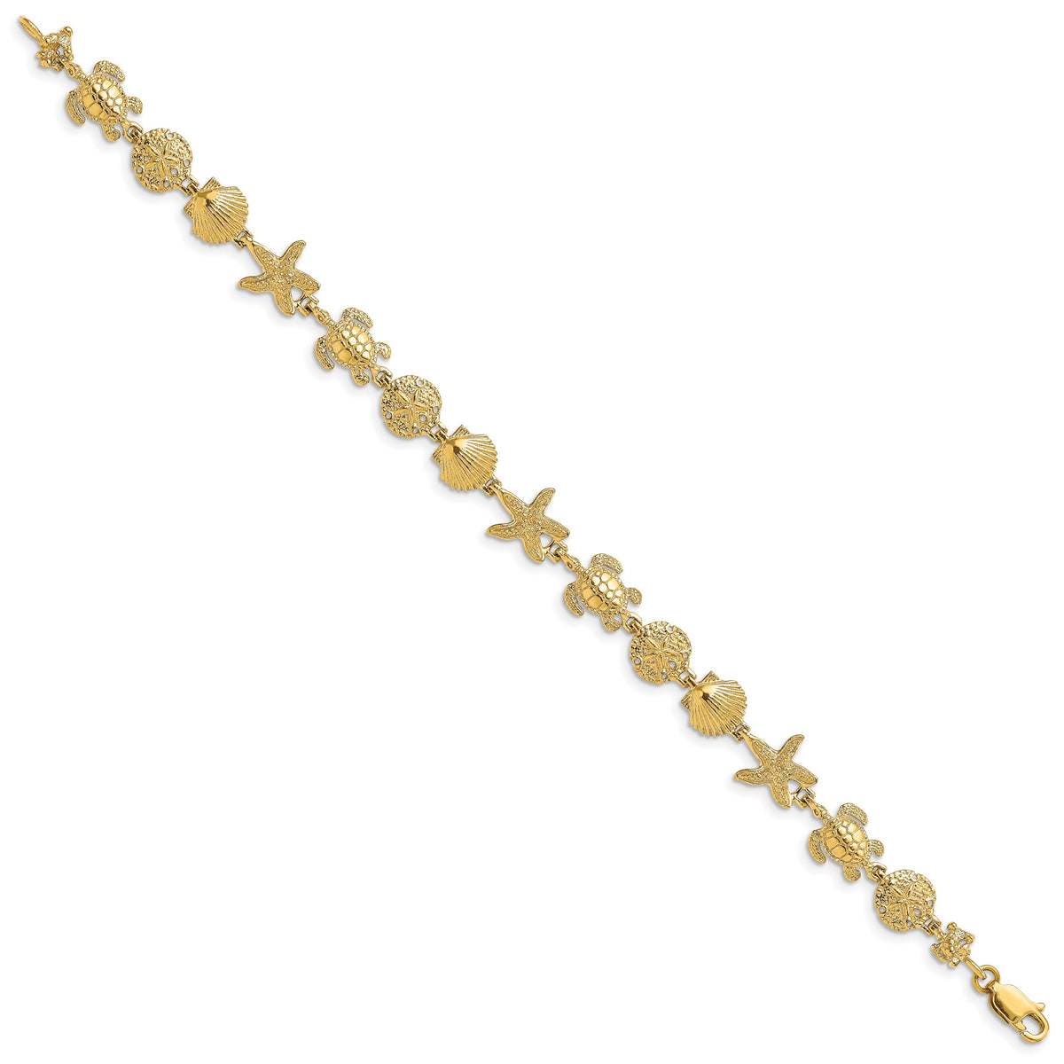 14k Yellow Gold Polished Turtle/Sand Dollar/Shell/Starfish Link Bracelet, view 2 - 7 in