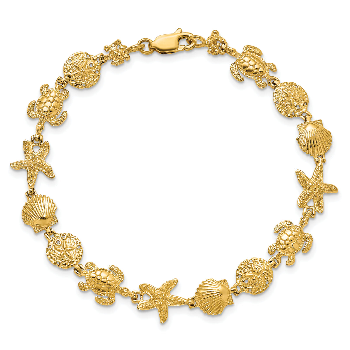 14k Yellow Gold Polished Turtle/Sand Dollar/Shell/Starfish Link Bracelet, view 4 - 7 in