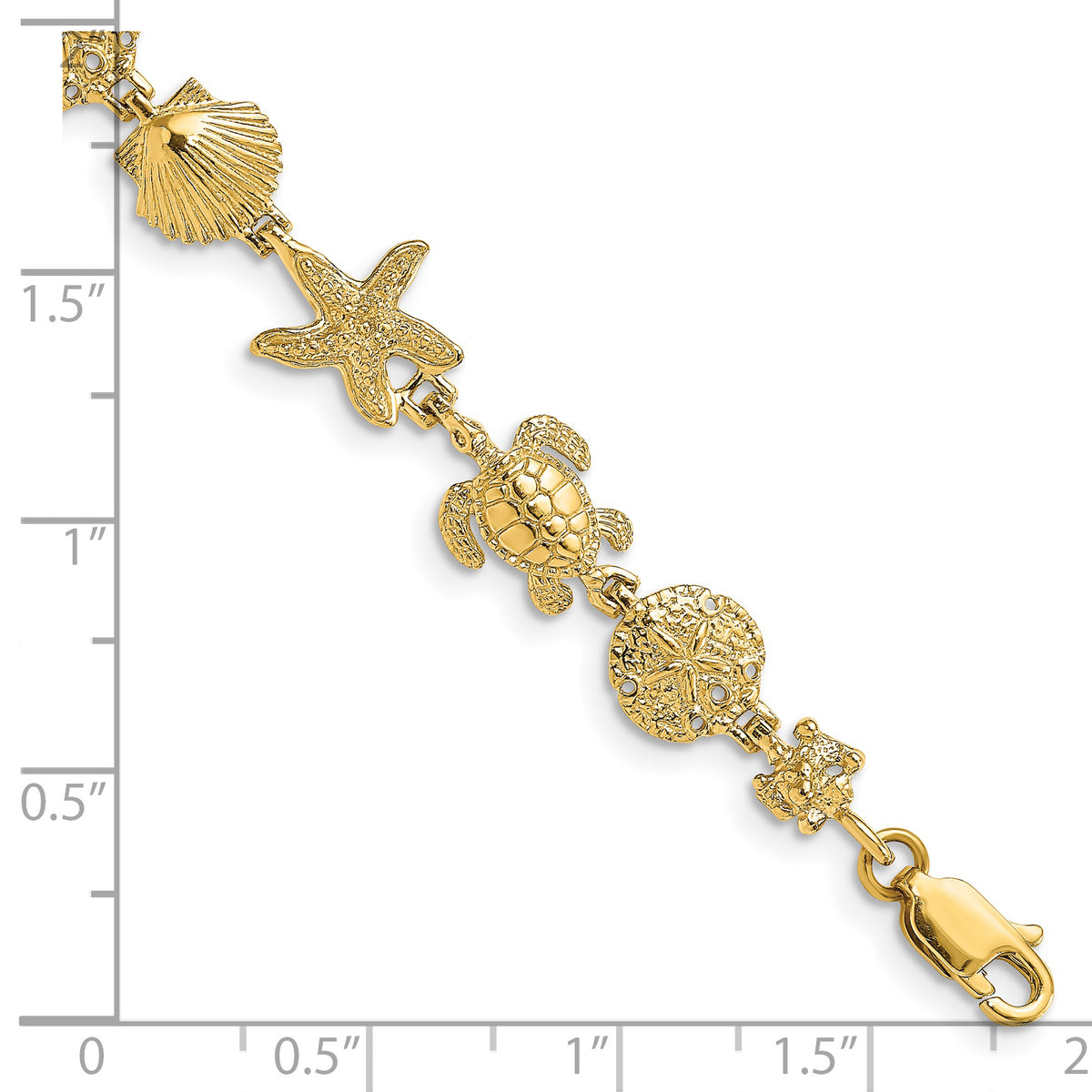 14k Yellow Gold Polished Turtle/Sand Dollar/Shell/Starfish Link Bracelet, shown with a ruler for scale - 7 in