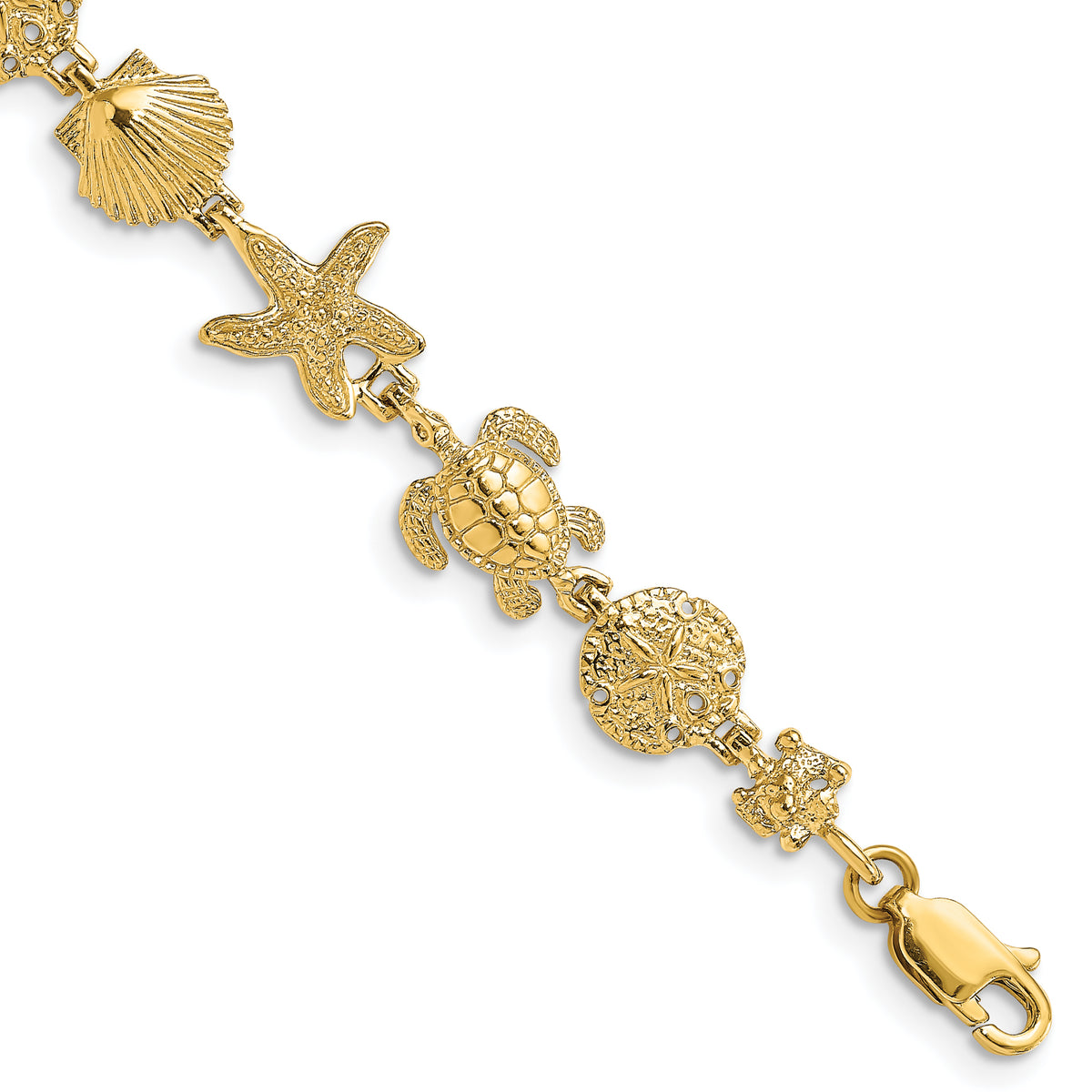 14k Yellow Gold Polished Turtle/Sand Dollar/Shell/Starfish Link Bracelet - 7 in