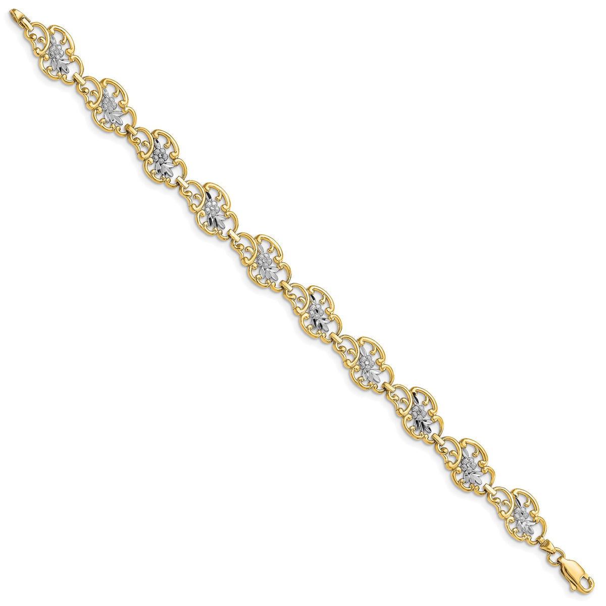 14k Gold and White Rhodium Diamond-Cut Fancy Floral Filigree 7.25 inch Bracelet, view 2