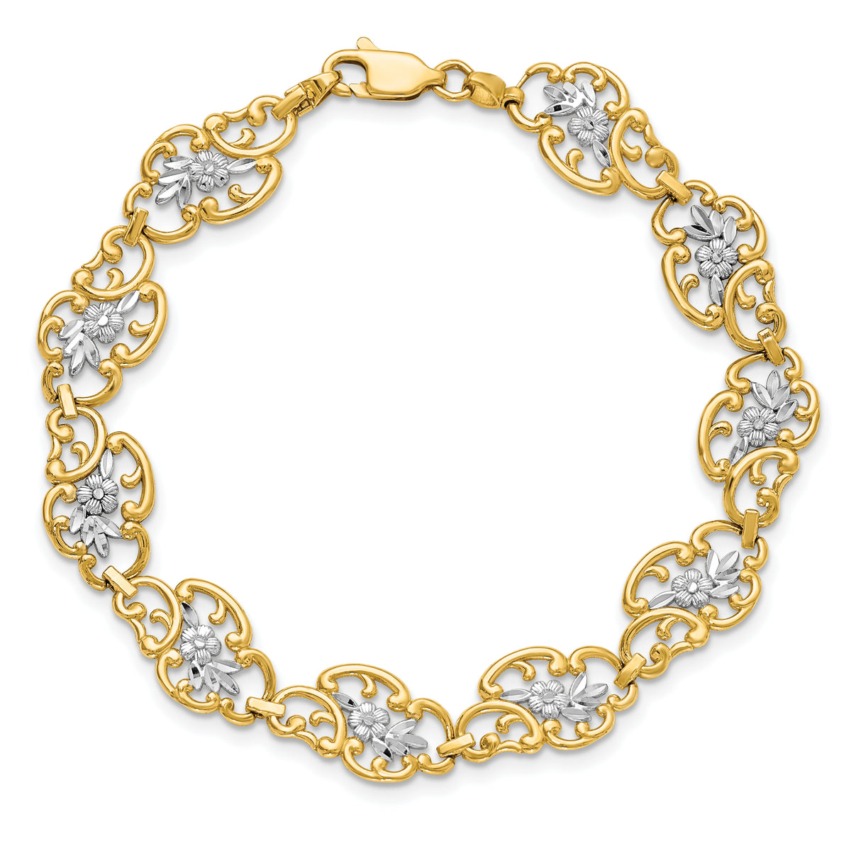 14k Gold and White Rhodium Diamond-Cut Fancy Floral Filigree 7.25 inch Bracelet, view 4