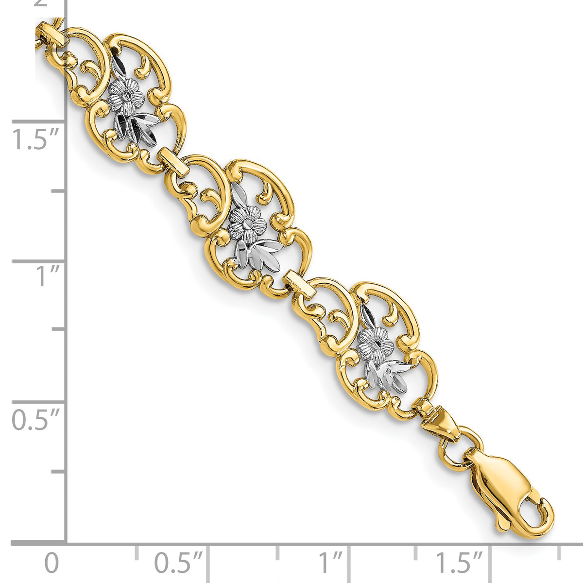 14k Gold and White Rhodium Diamond-Cut Fancy Floral Filigree 7.25 inch Bracelet, shown with a ruler for scale