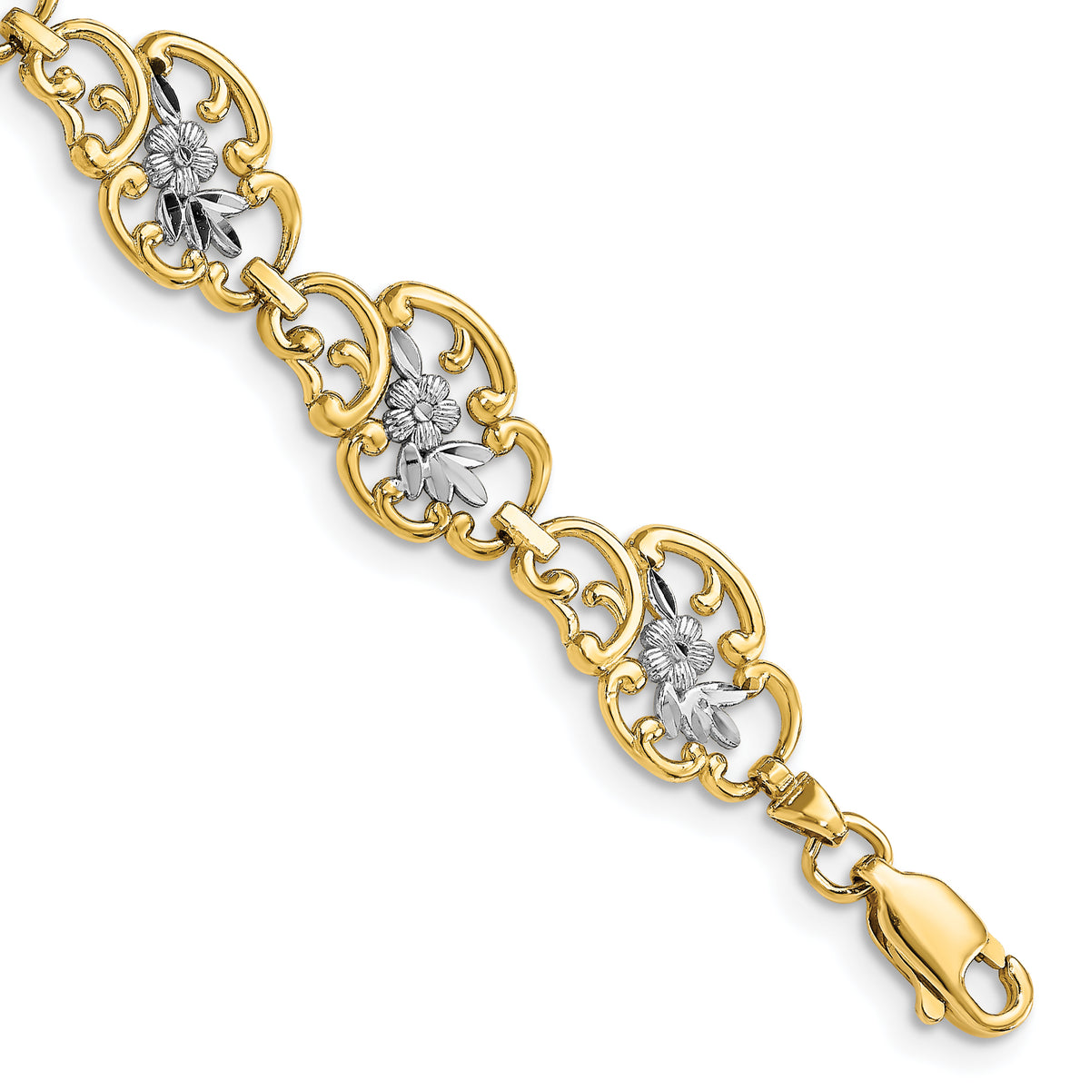 14k Gold and White Rhodium Diamond-Cut Fancy Floral Filigree 7.25 inch Bracelet