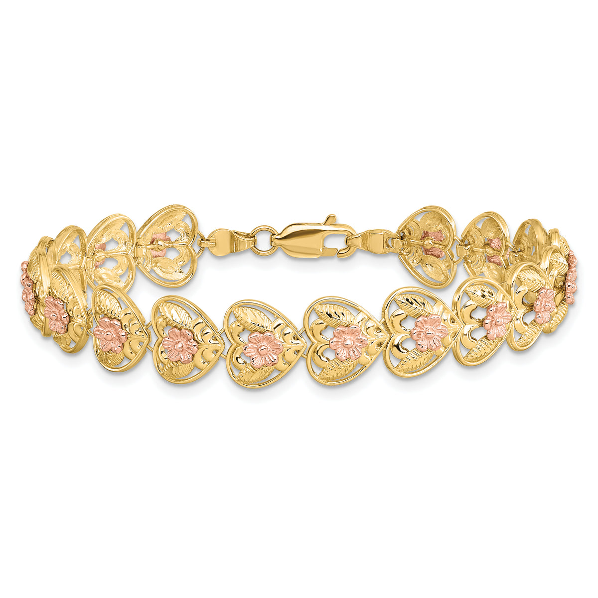 14k Two-Tone Gold Diamond-cut Hearts with Flowers 7.25 inch Bracelet, view 3