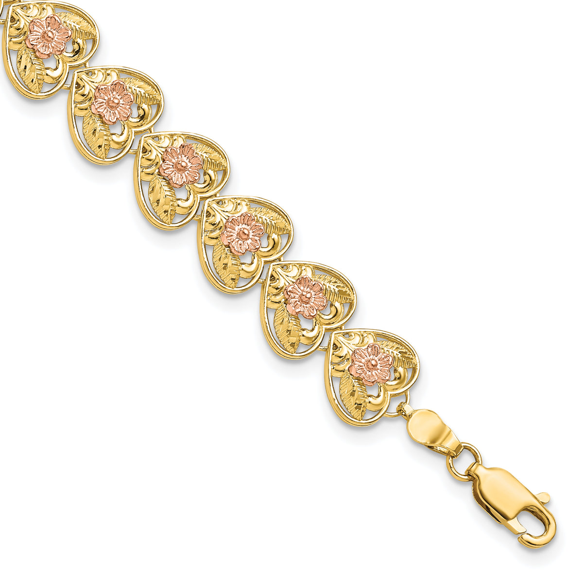 14k Two-Tone Gold Diamond-cut Hearts with Flowers 7.25 inch Bracelet