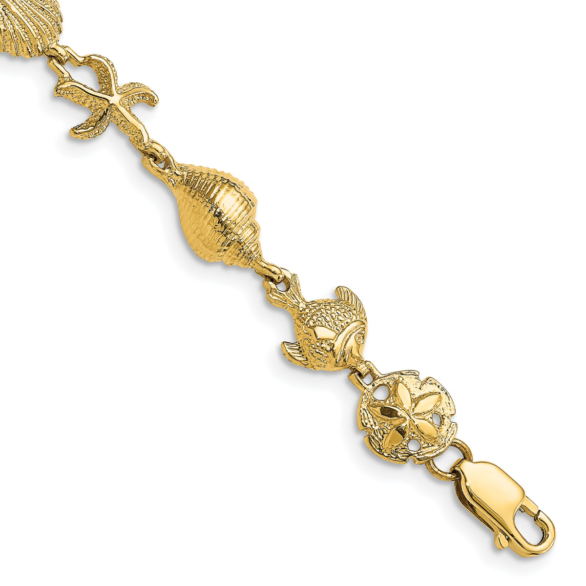 14k Yellow Gold Polished and Textured Ocean Motif 7.25 inch Bracelet